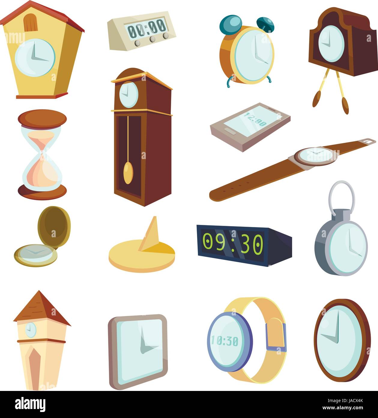 Different clocks icons set. Cartoon illustration of 16 different clocks