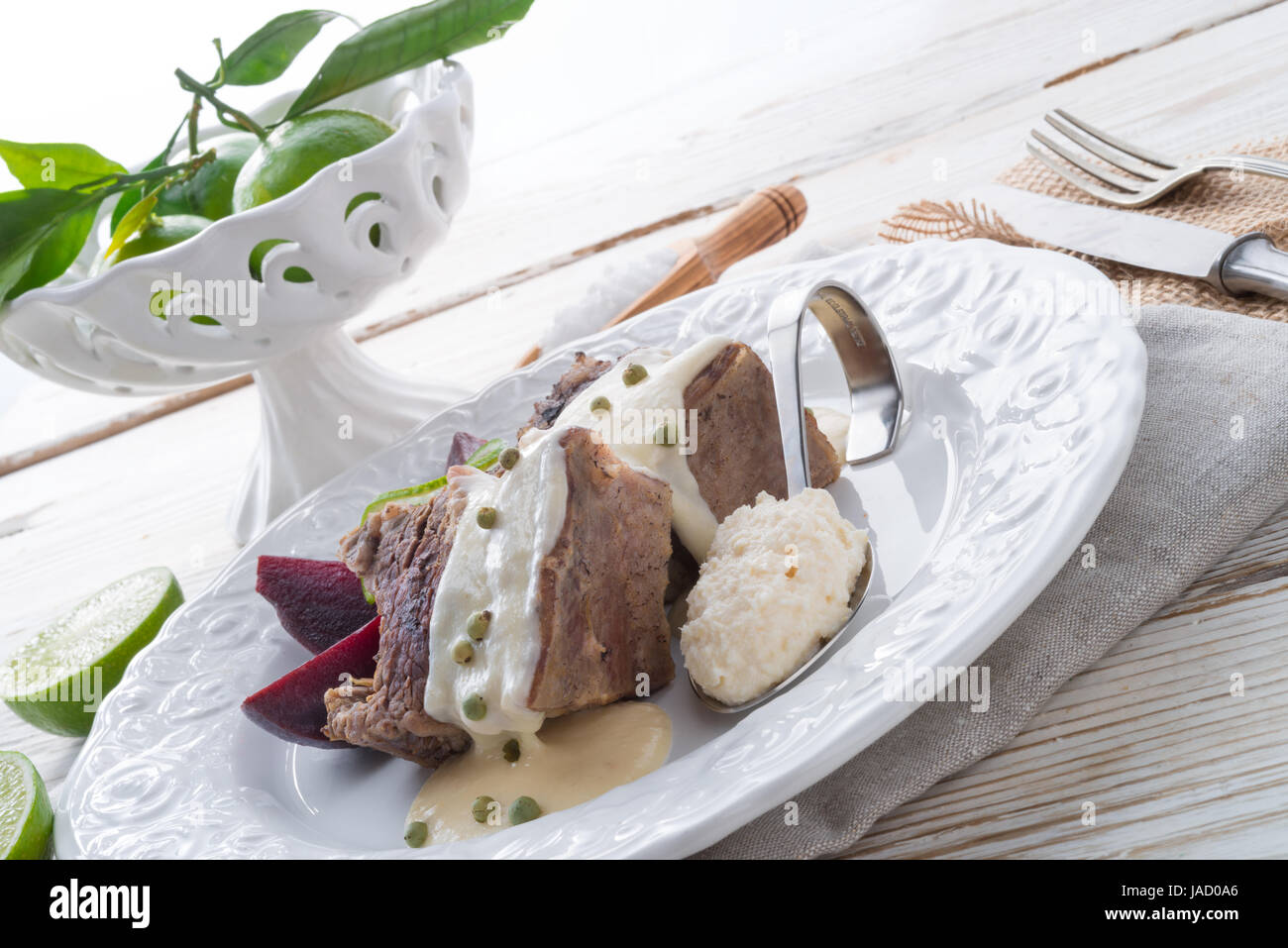 Beef with beetroot and horseradish sauce Stock Photo Alamy
