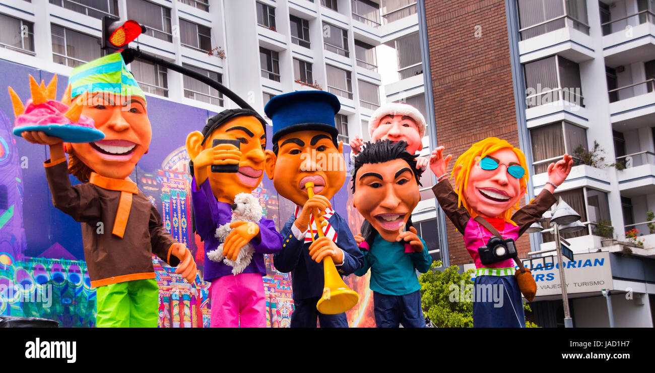 Quito, Ecuador - December 31, 2016: Traditional monigotes or stuffed dummies representing political figures, anime or famous cartoons, with a short description that will get burned to celebrate new year in Ecuador Stock Photo