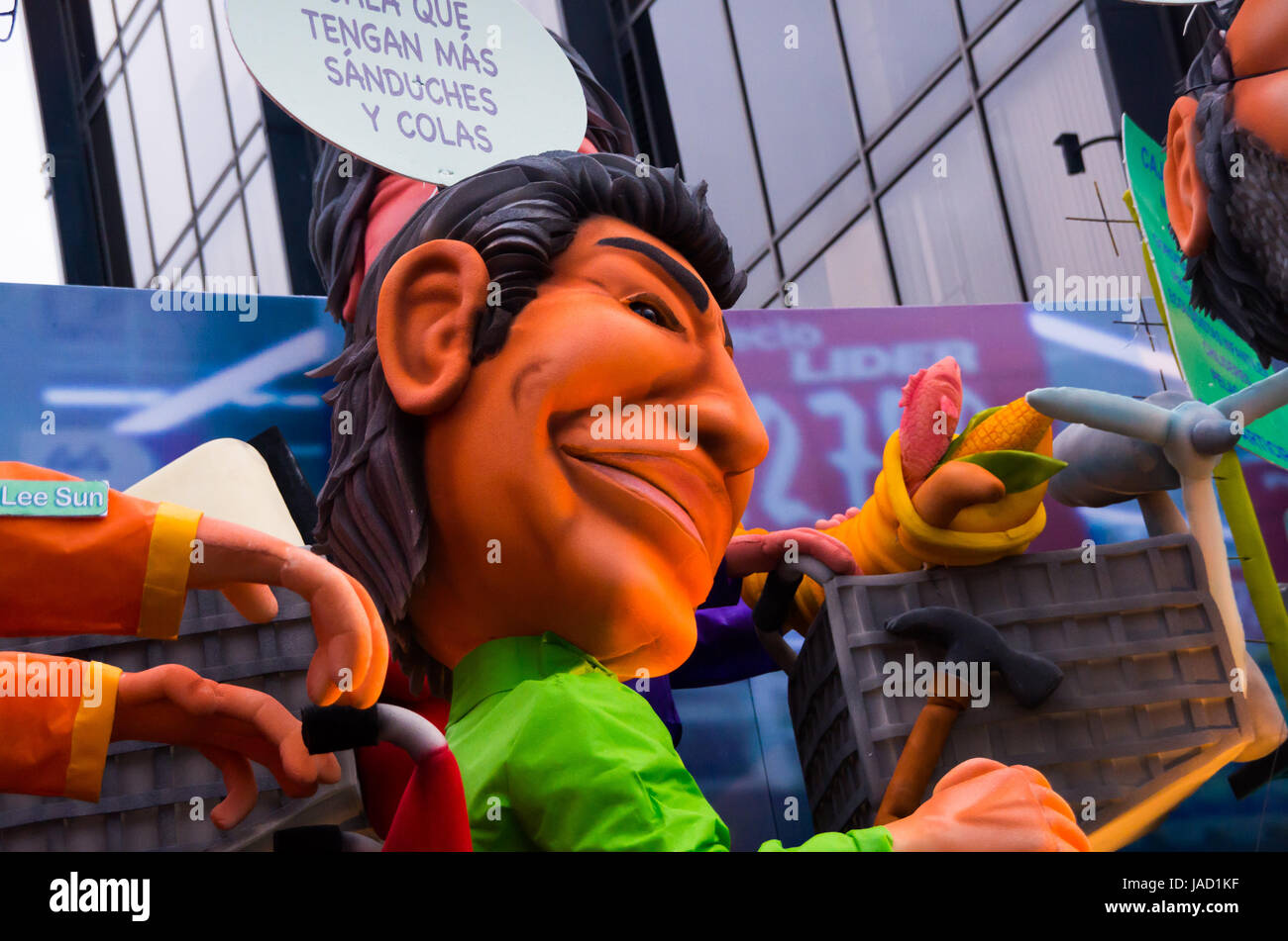 Quito, Ecuador - December 31, 2016: Traditional monigotes or stuffed dummies representing political figures, anime or famous cartoons, with a short description that will get burned to celebrate new year in Ecuador Stock Photo