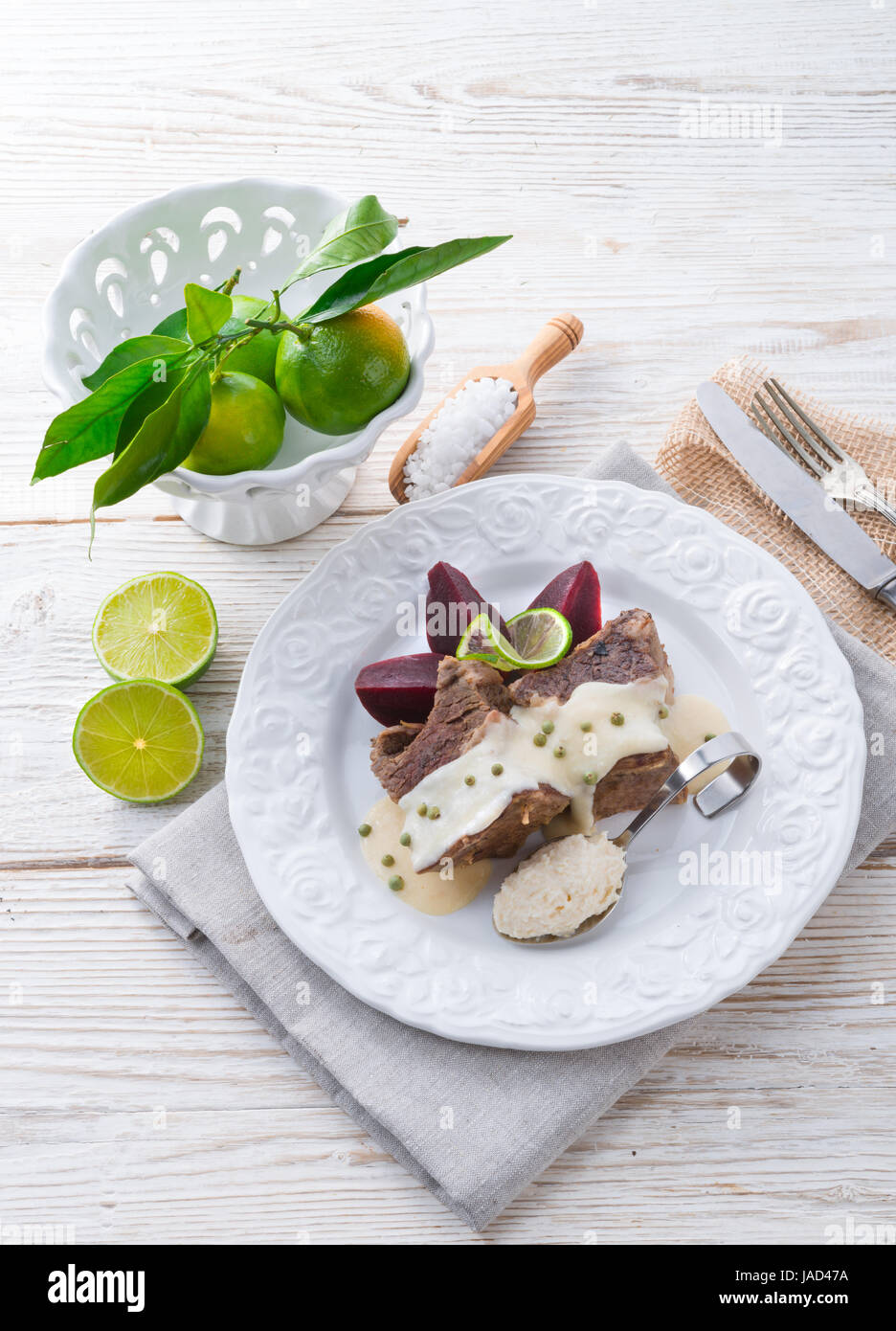 Beef with beetroot and horseradish sauce Stock Photo Alamy
