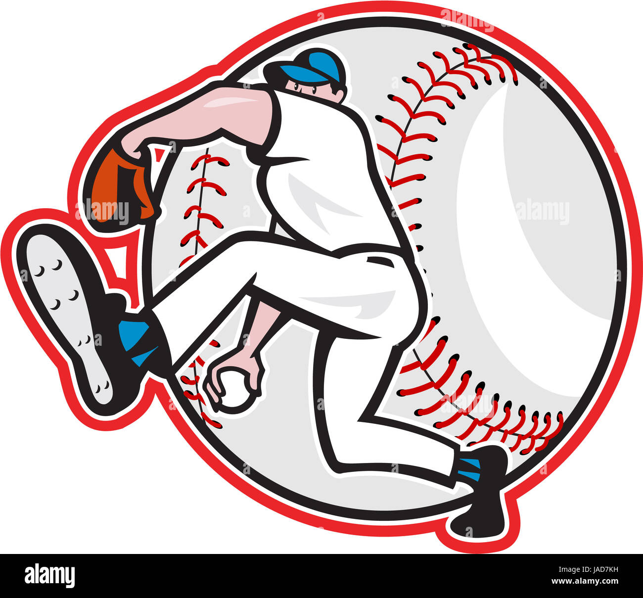 Illustration of an american baseball player pitcher outfielder throwing ball isolated on white background done in cartoon style. Stock Photo