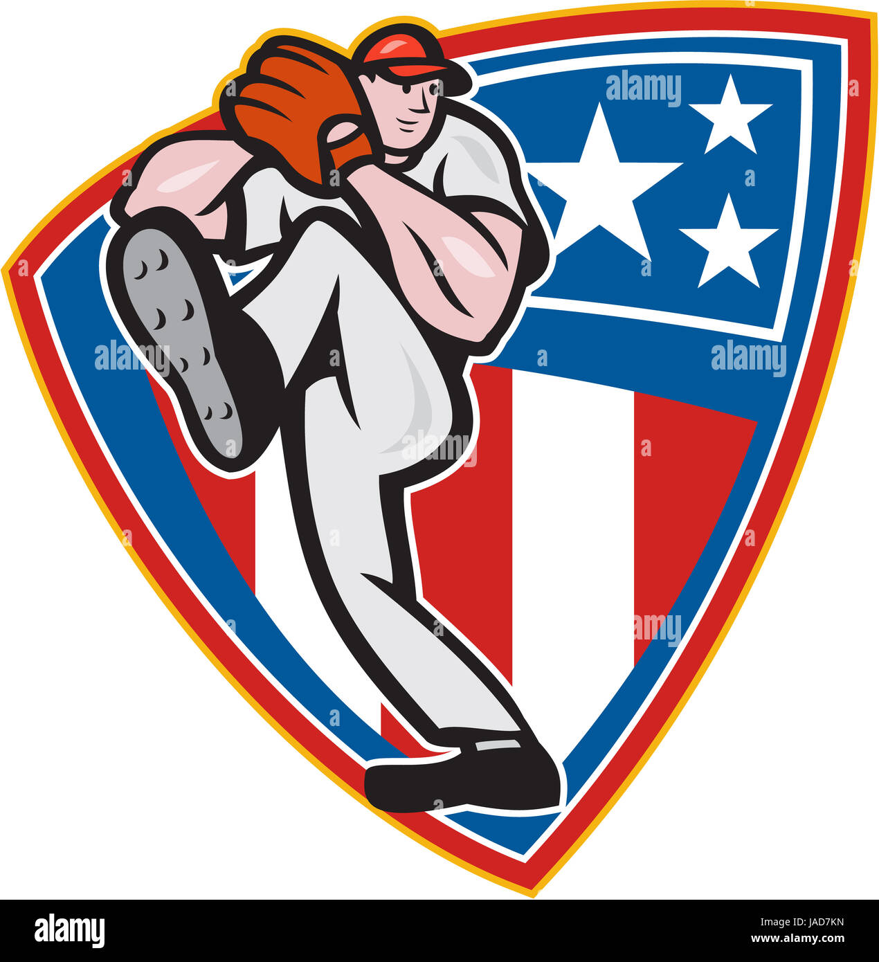 Illustration of a american baseball player pitcher outfilelder throwing ball set inside stars and stripes shield isolated on white background. Stock Photo