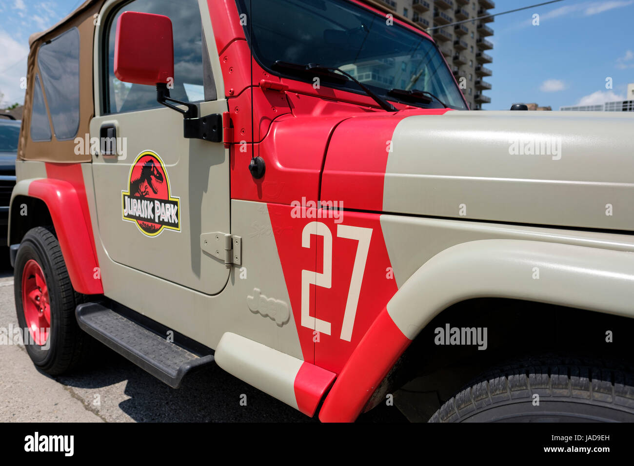 Custom painted Jurassic Park Jeep, Jurassic Park logo, 4x4 vehicle, off-road vehicle, customized jeep, one of a kind, London, Ontario, Canada. Stock Photo