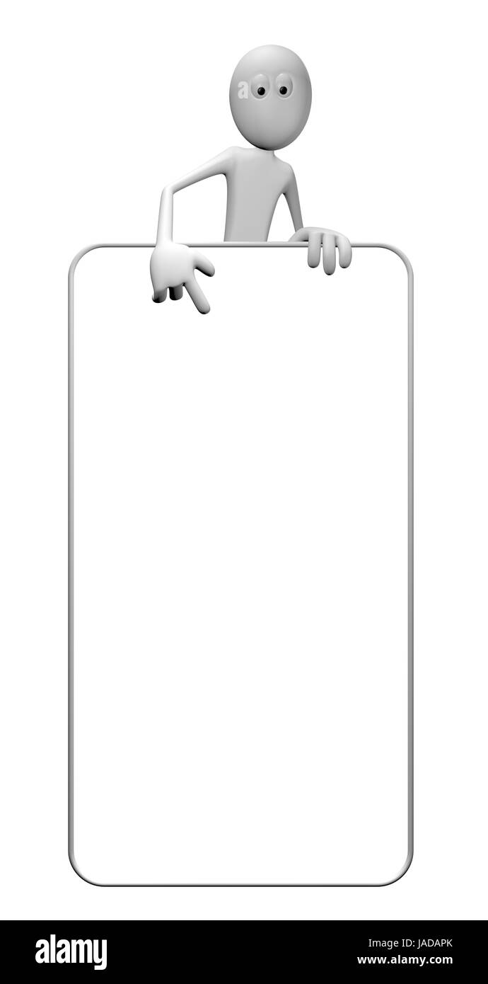 cartoonfigur zeigt auf leeres weißes board - 3d illustration Stock Photo
