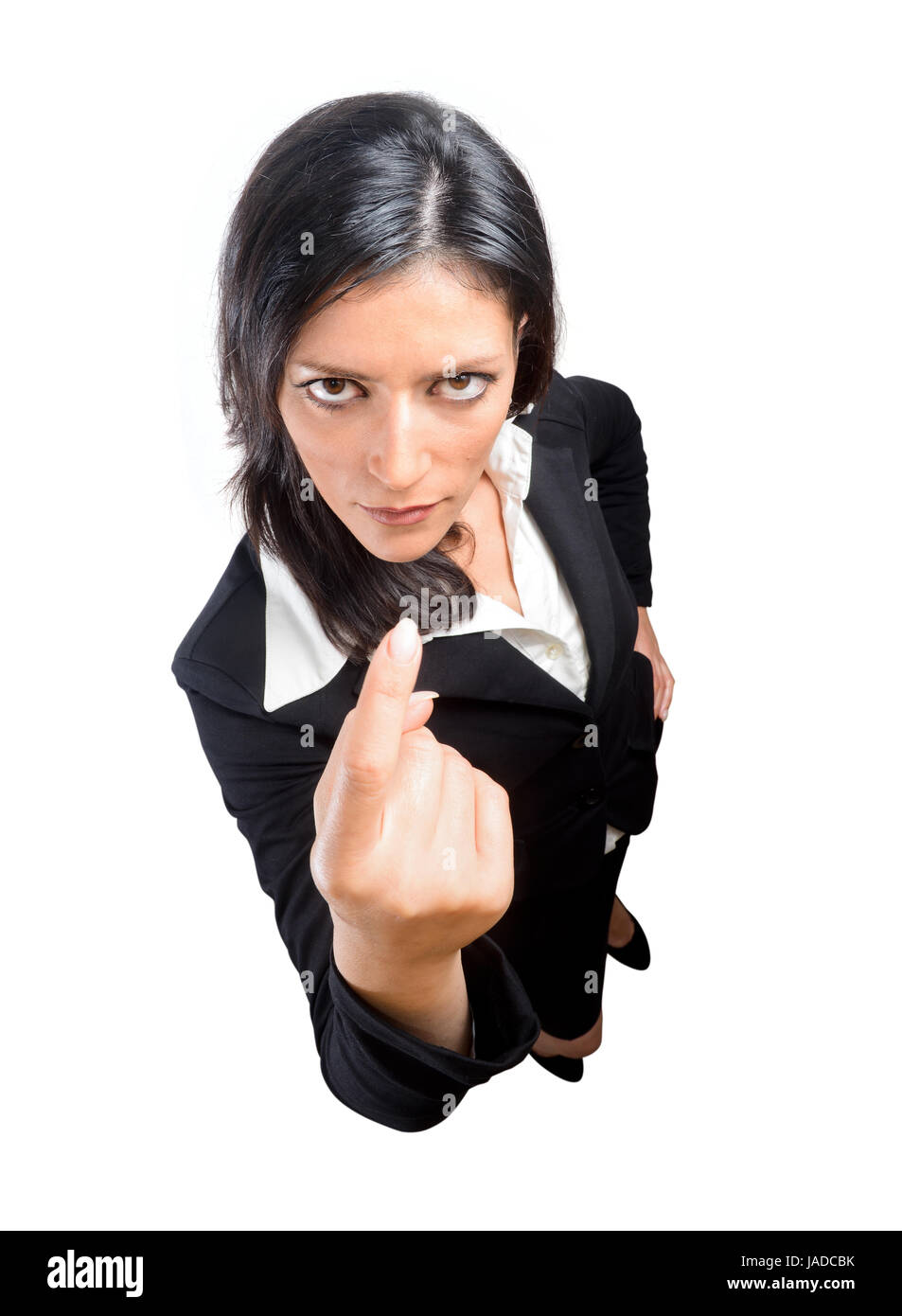 Funny image of young business woman upset looking at the camera. Isolated on white background. Stock Photo