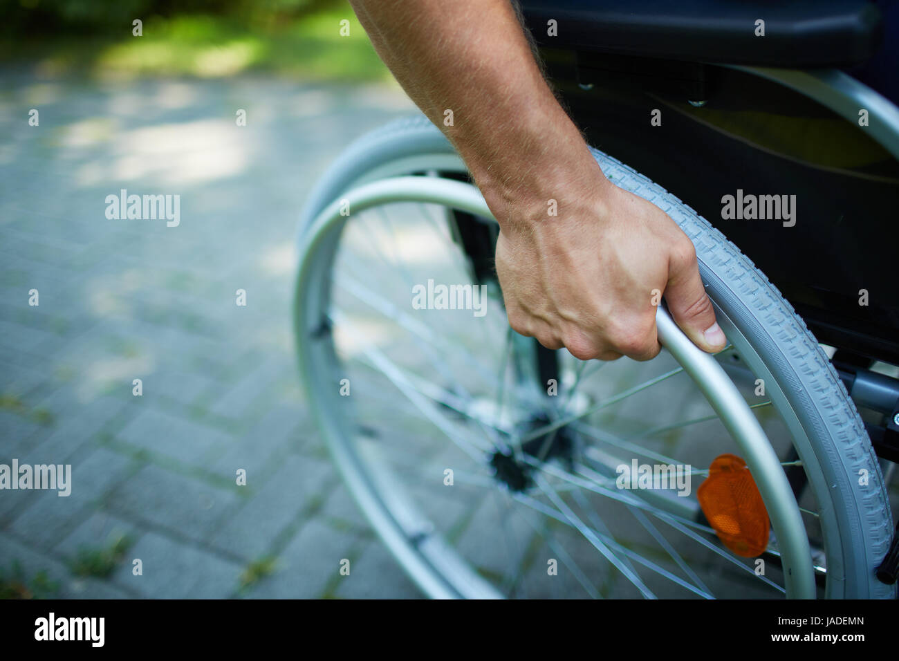 Close-up of male hand on wheel of wheelchair during walk in park Stock ...