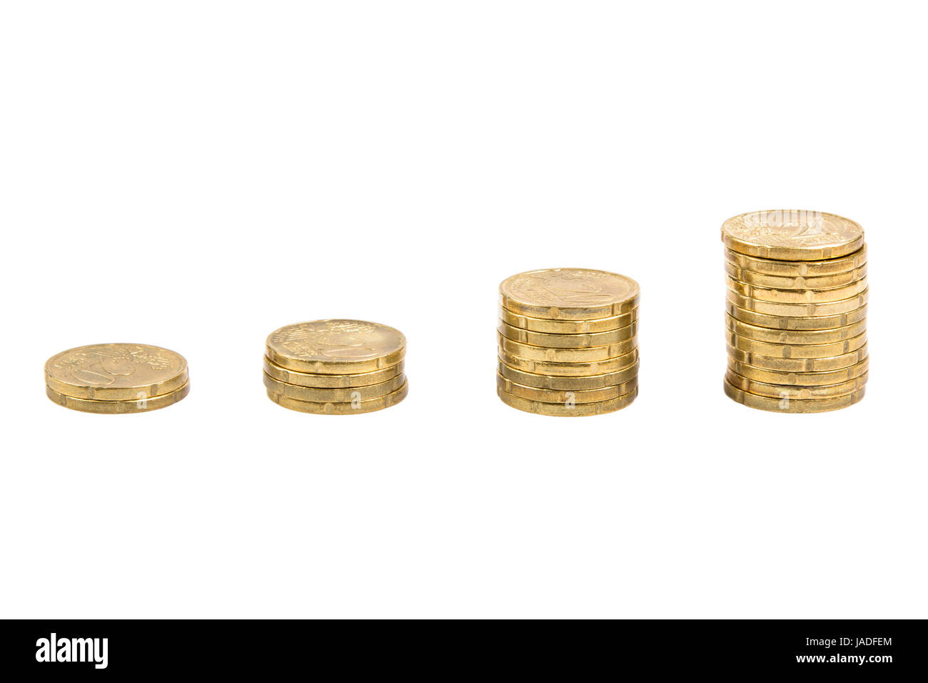 Gestapelte 20 Cent Münzen in form eines Balkendiagrams freigestellt auf weißem Hintergrund - 20 Cent coins stacked as a bar graph isolated on white background Stock Photo