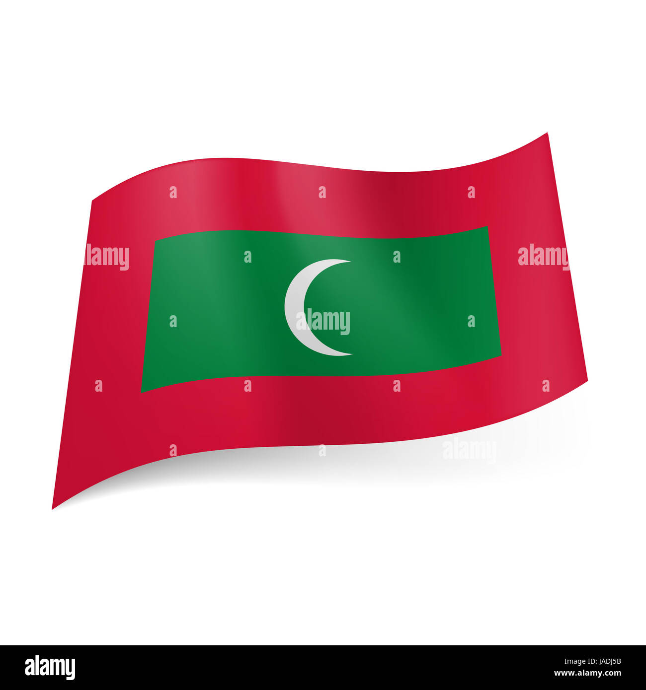 National flag of Republic of the Maldives: green rectangle with white crescent moon on red background. Stock Photo