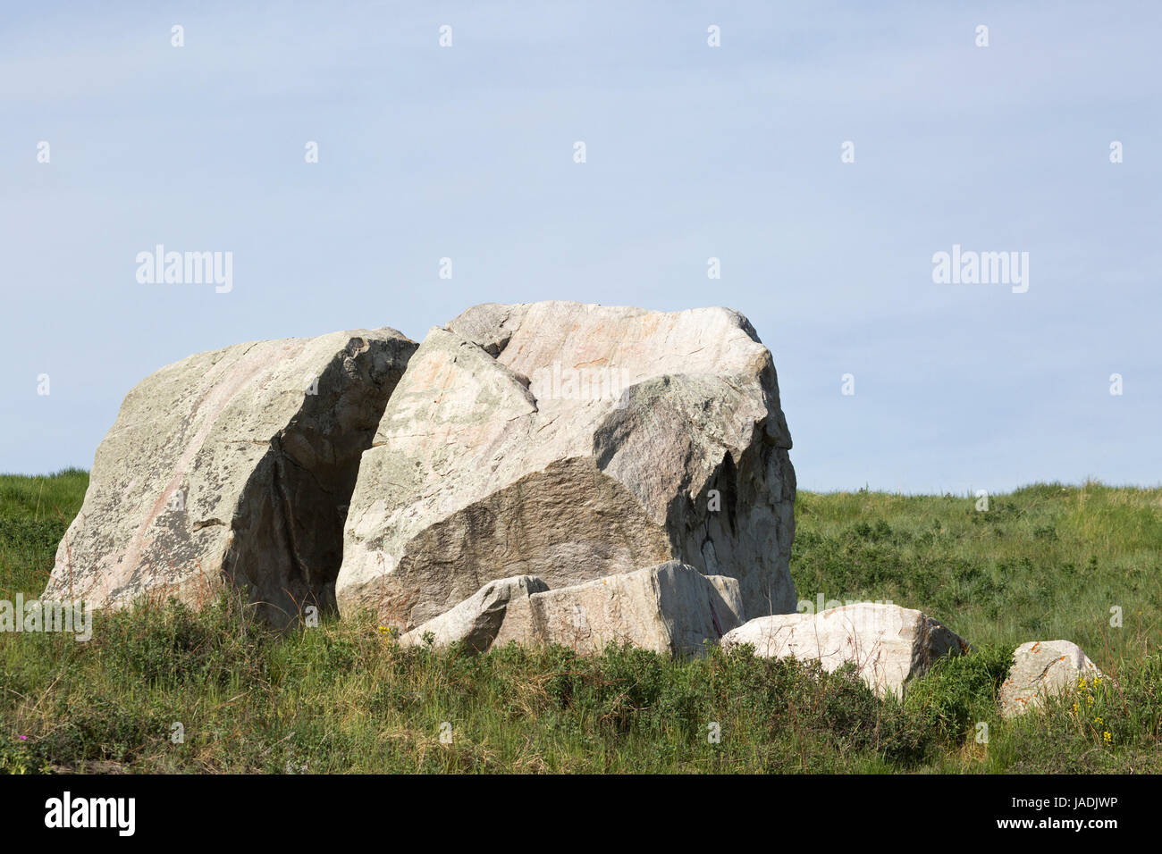 Split Rock, a large erratic carried by glacier ice from Mount Edith Cavell to the prairies in the colder climate of the Pleistocene Epoch Stock Photo