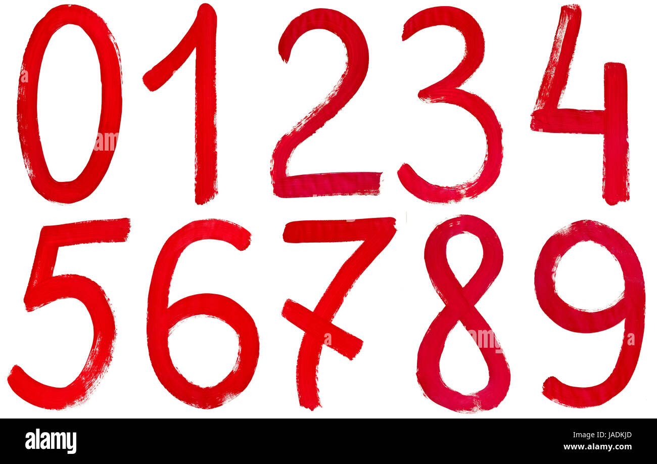 set of Arabic numerals hand written by red paint on white background ...