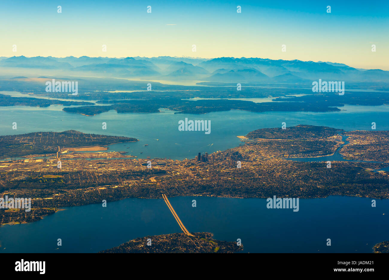 Aerial view of Seattle, Puget Sound, and the Olympic range to the west Stock Photo