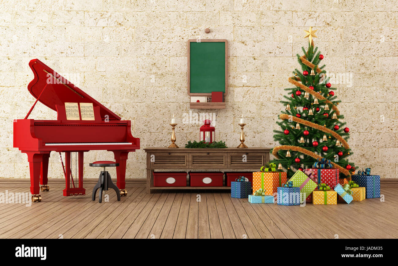 Vintage Living Room With Christmas Tree Decoration And Red Stock