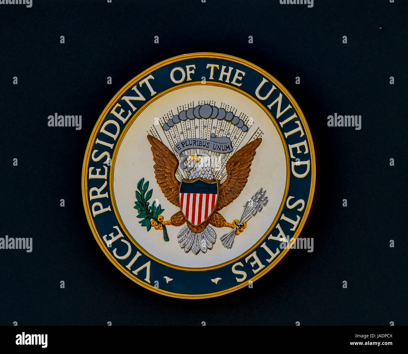 Seal of Vice President Mike Pence, on podium at Senator Joni Ernst's 3rd annual roast and ride charity motorcycle ride to benefit military veterans at the Central Iowa Expo center in Boone Iowa, 3 June, 2017. Stock Photo