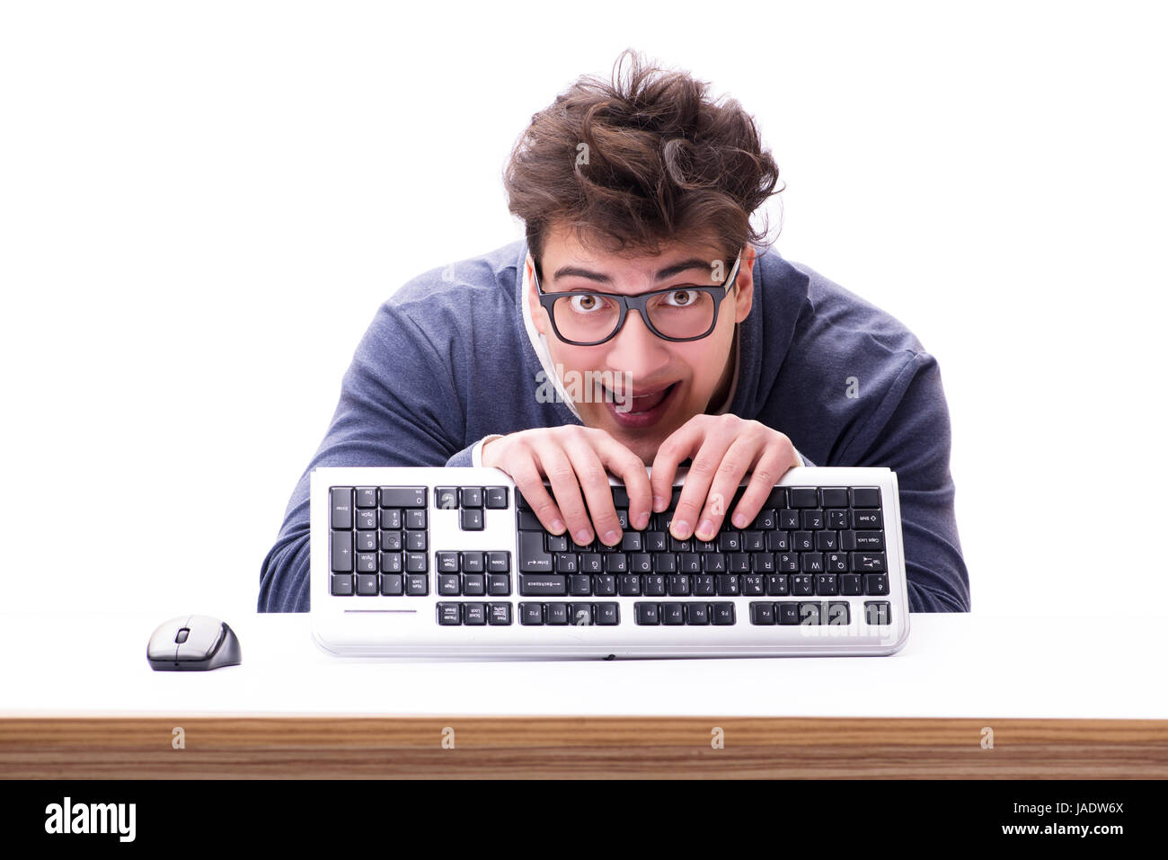 Funny nerd man working on computer isolated on white Stock Photo - Alamy