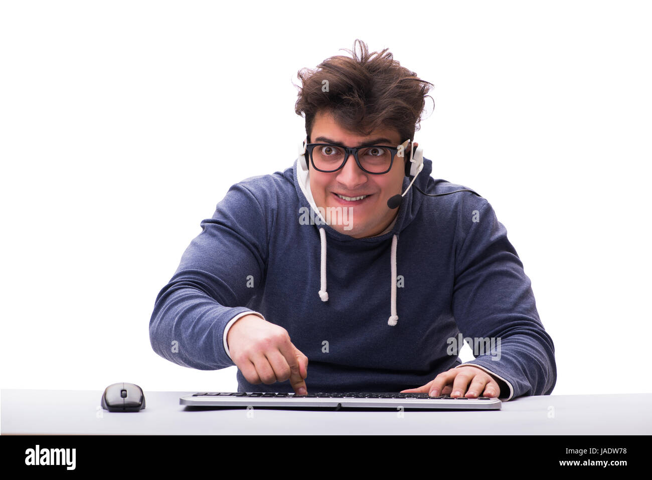 Funny nerd man working on computer isolated on white Stock Photo