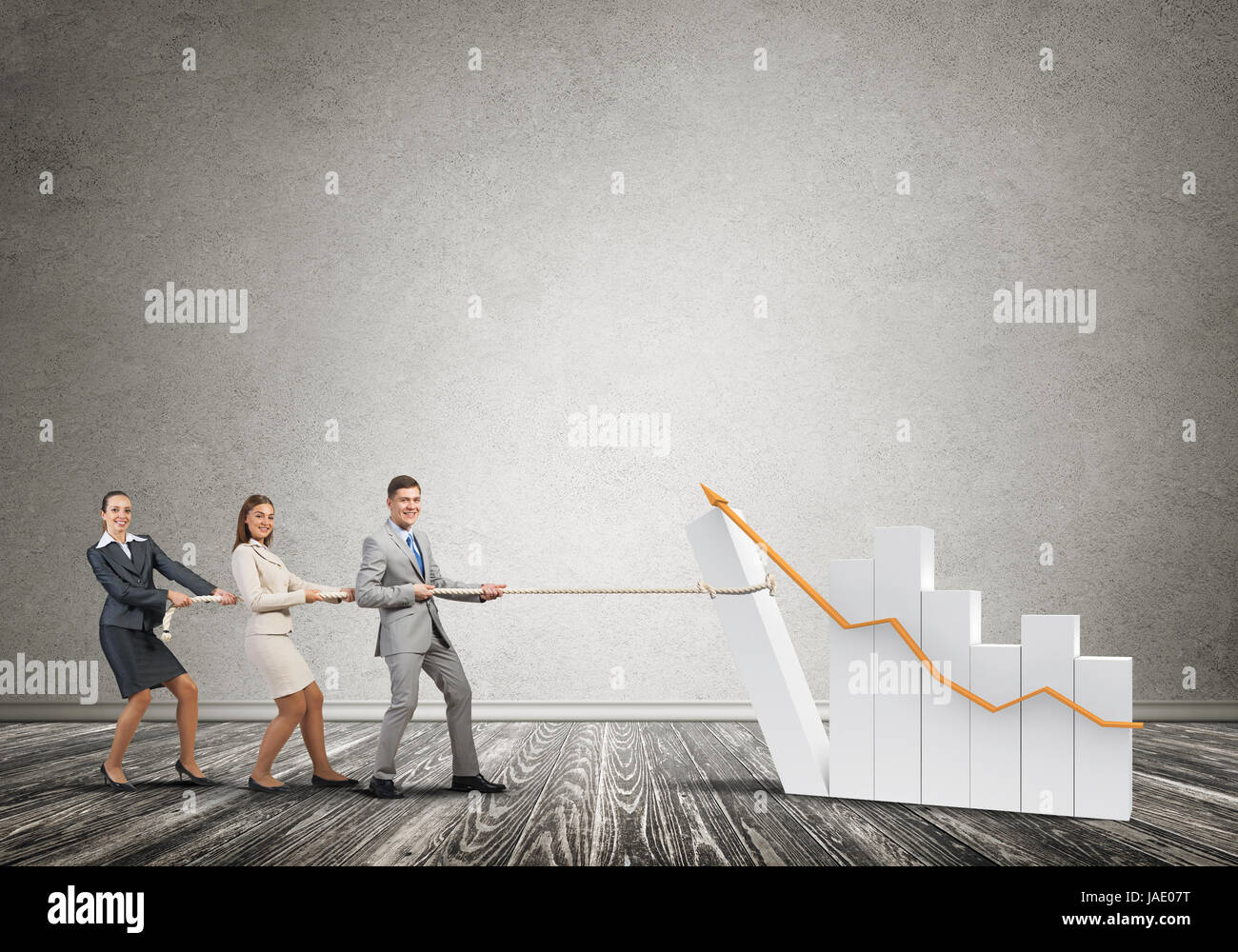Businessteam working in collaboration pulling graph with rope as symbol ...