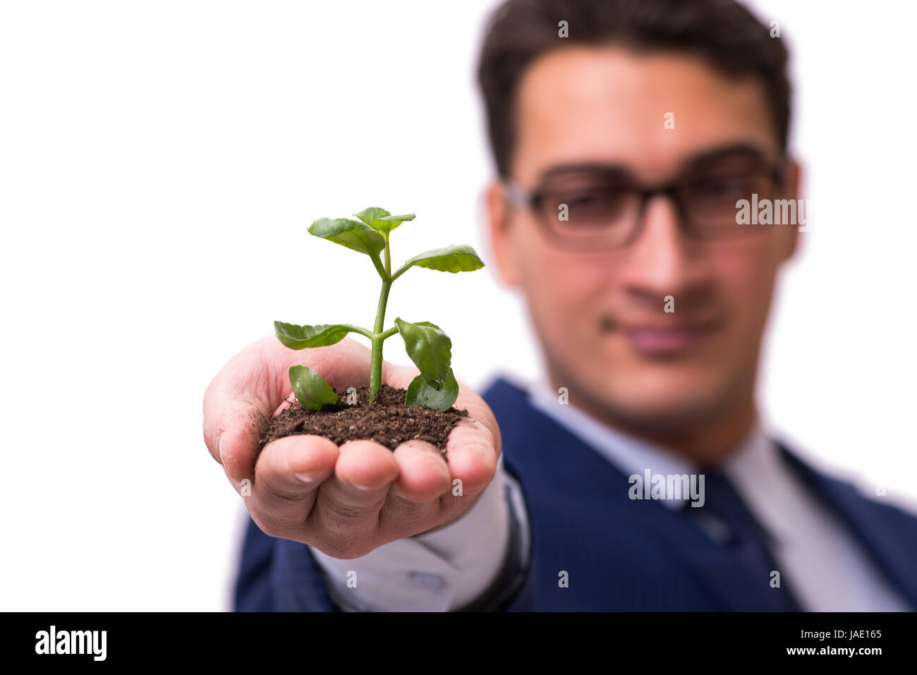 Businessman holding green sprouts isolated on white Stock Photo - Alamy