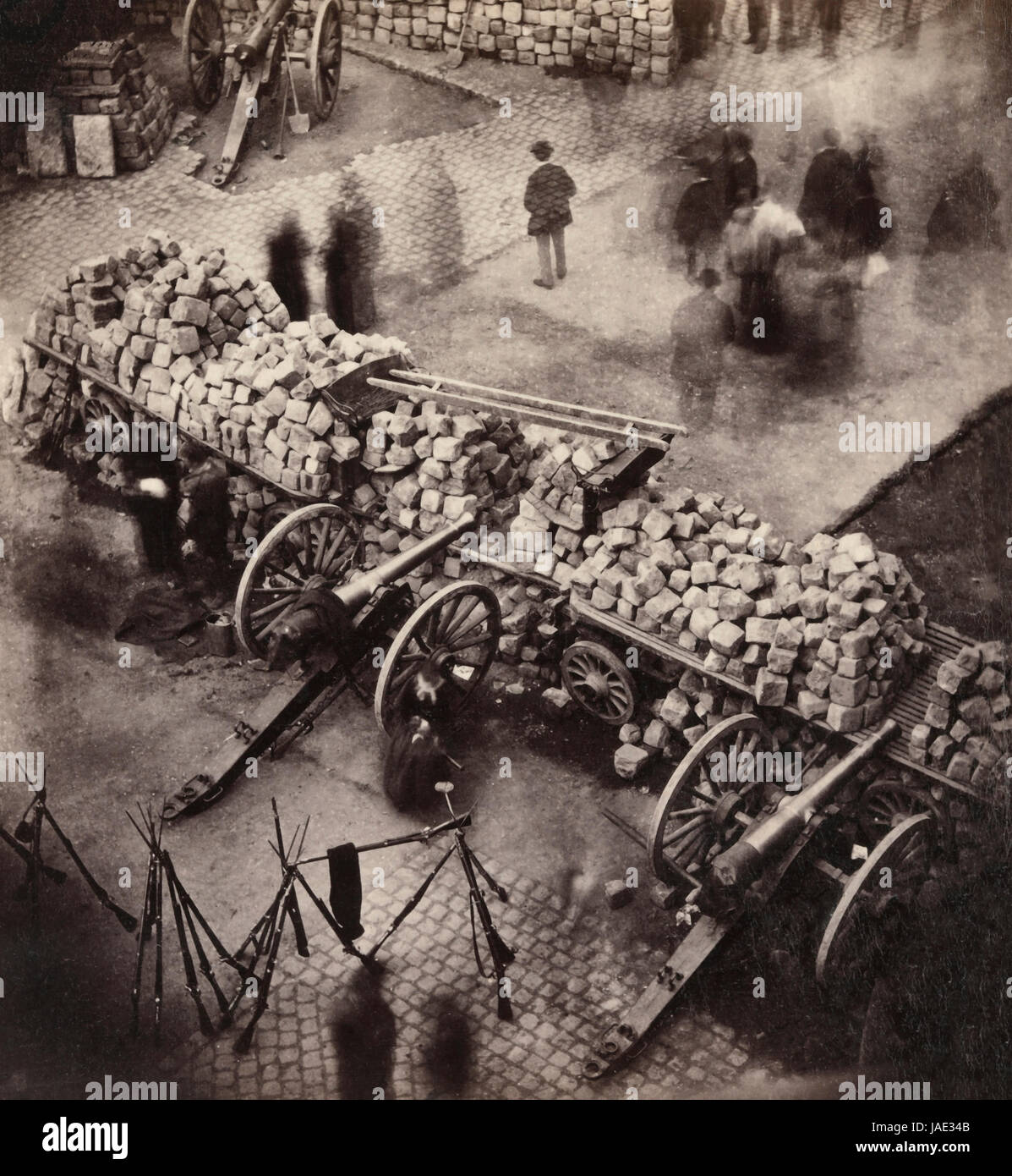 Barricades of the Paris Commune, April 1871. Corner of the Place de Hotel-de-Ville and the Rue de Rivoli. Stock Photo