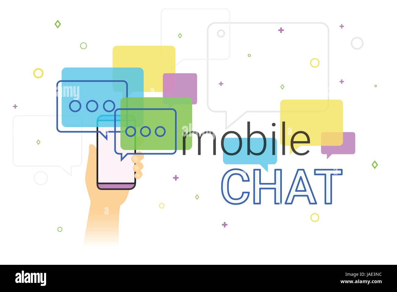 Mobile chat and messenger on smartphone creative concept illustration. Human hand holds smart phone with line speech bubbles and text. Texting message Stock Vector