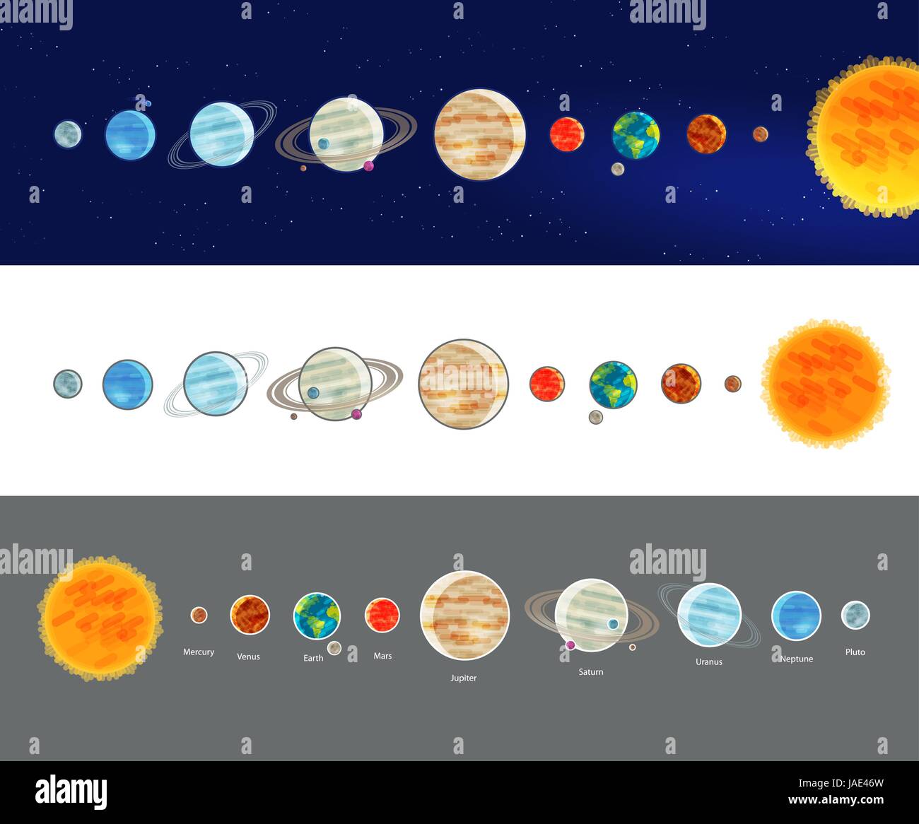 Astronomy, space, solar system infographics. Parade of planets, planetarium icon or symbol. Vector illustration Stock Vector