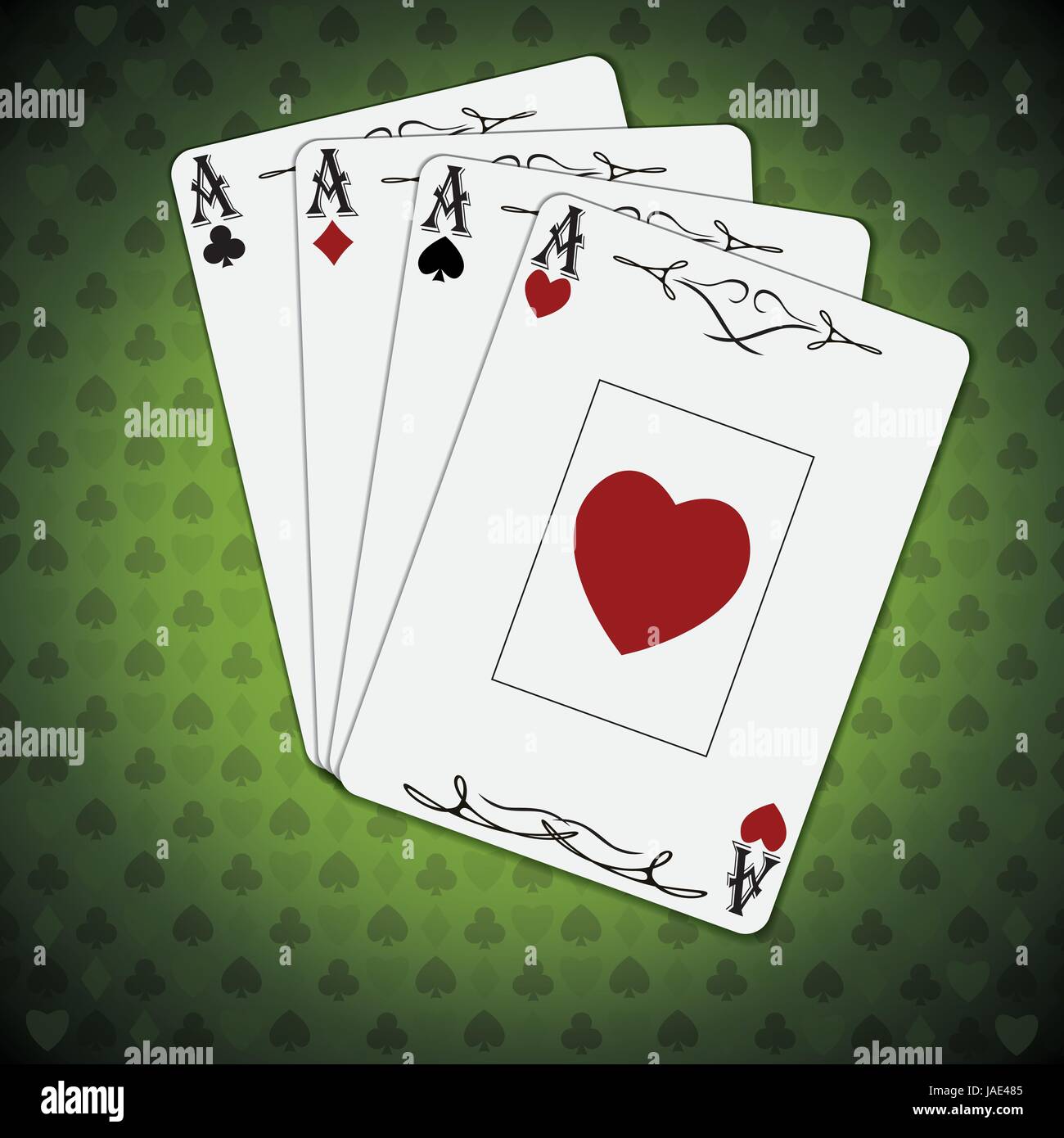 Ace of spades, ace of hearts, ace of diamonds, ace of clubs poker cards set green background Stock Vector