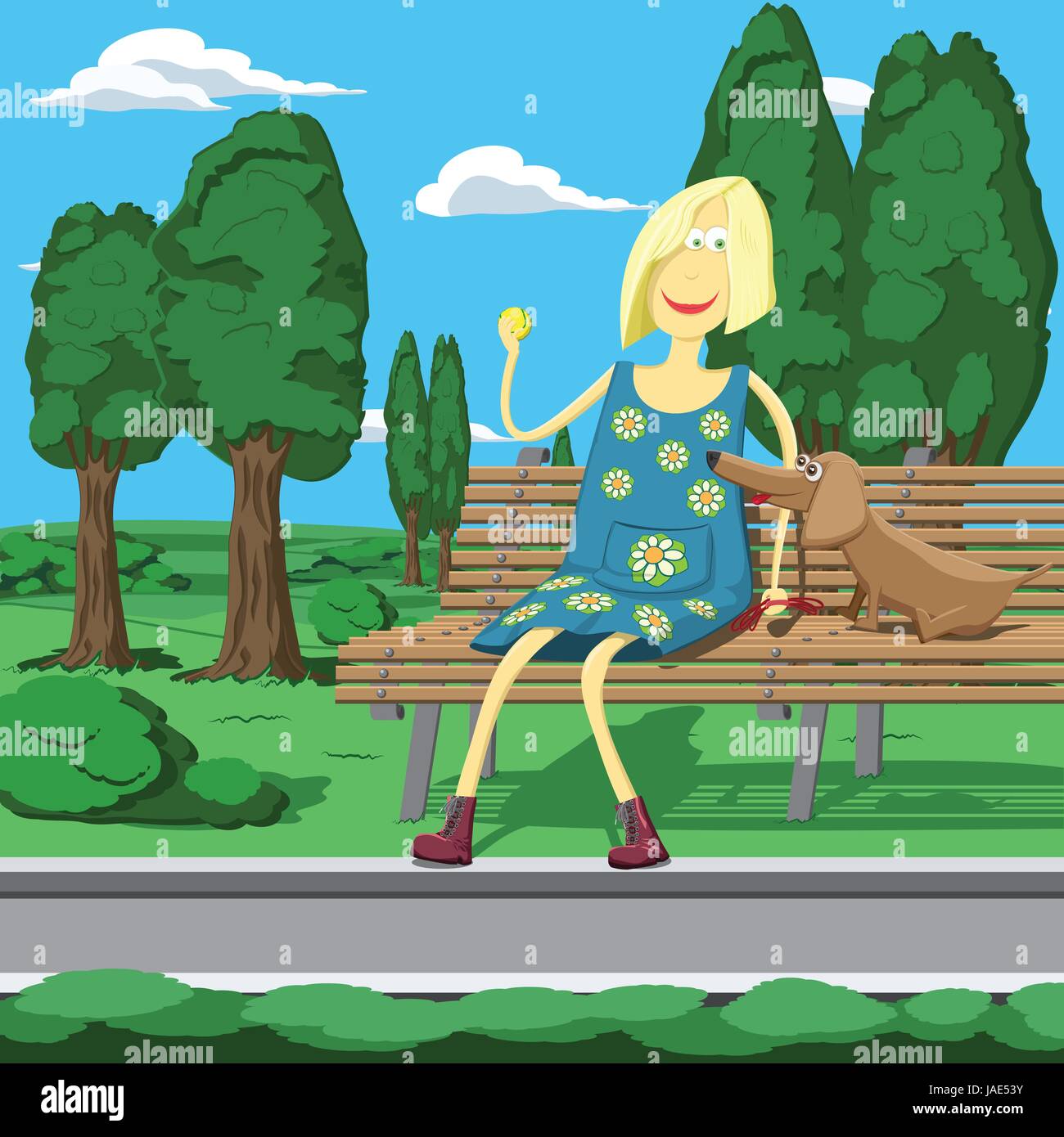 Cartoon girl in park sitting on the banch playing with dog. Stock Vector