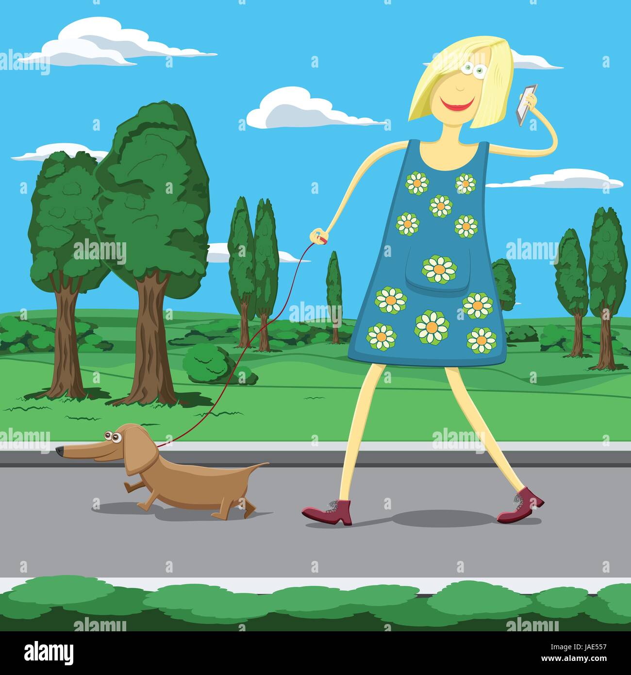 Cartoon girl walking a dog in park tolking on the cellphone. Stock Vector