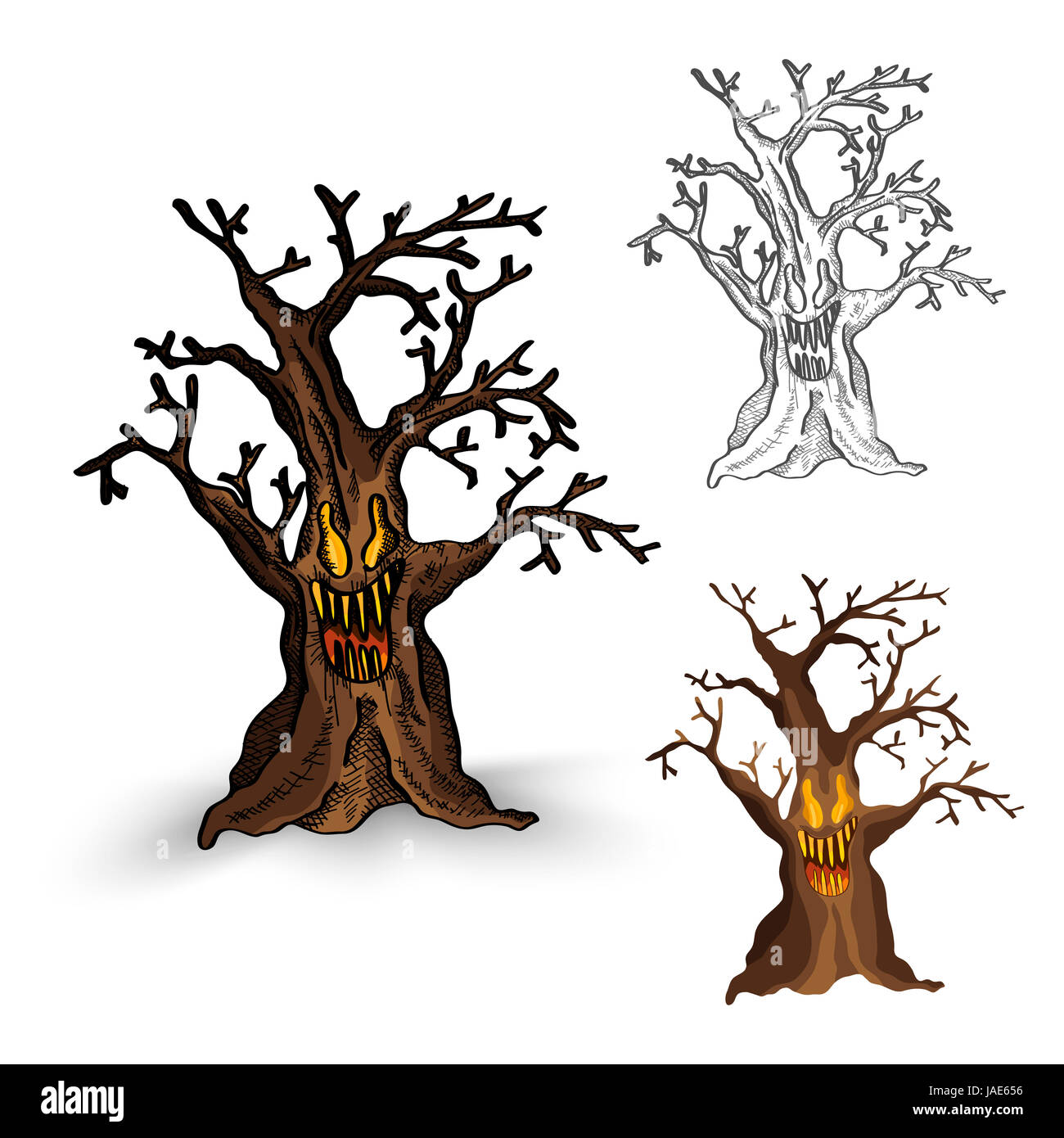 Halloween Monsters isolated spooky hand drawn haunted tree set. EPS10 vector file organized in layers for easy editing. Stock Photo