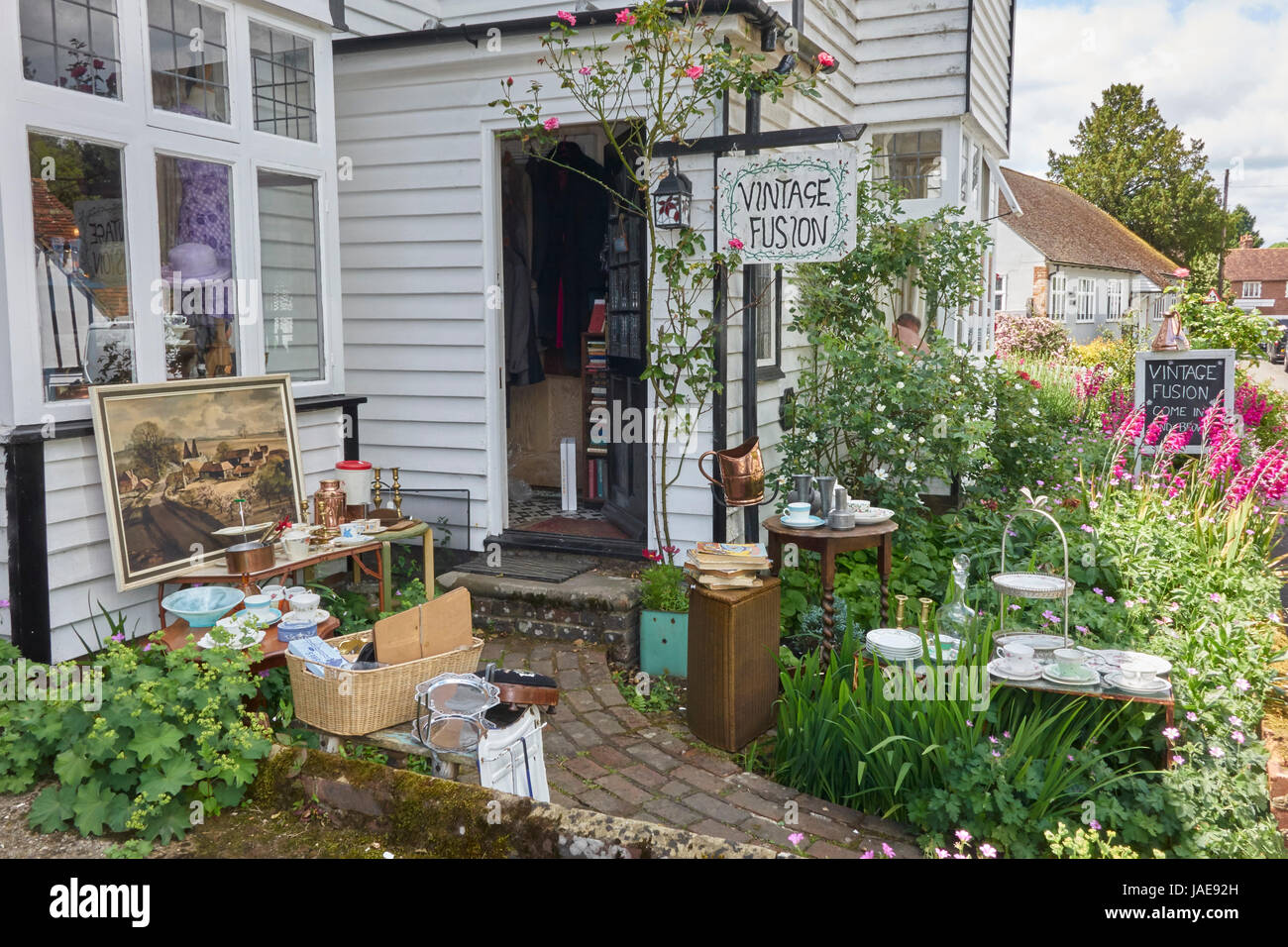 Pretty vintage antique shop in the picturesque Kentish Wealden village of Smarden, Kent, England, UK, Great Britain, GB Stock Photo