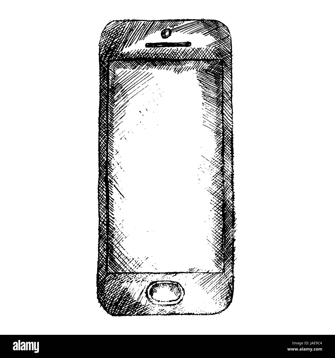 Handdrawn sketch of mobile phone front isolated on white background ...