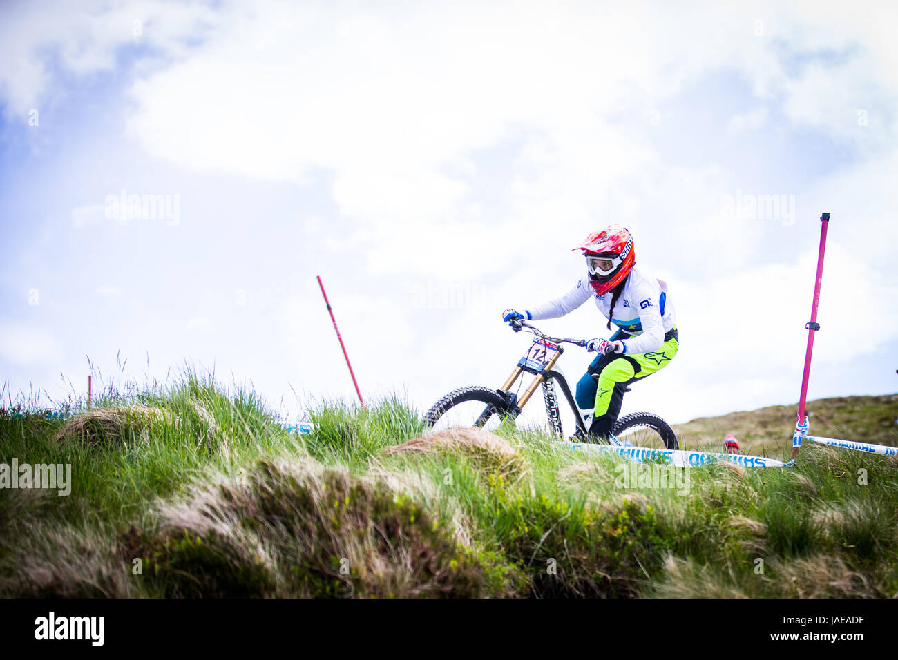 Eleonora Farina of Italy navigates her way through the UCI Mountain Bike World Cup course at Fort William on June, 4, 2017. Stock Photo