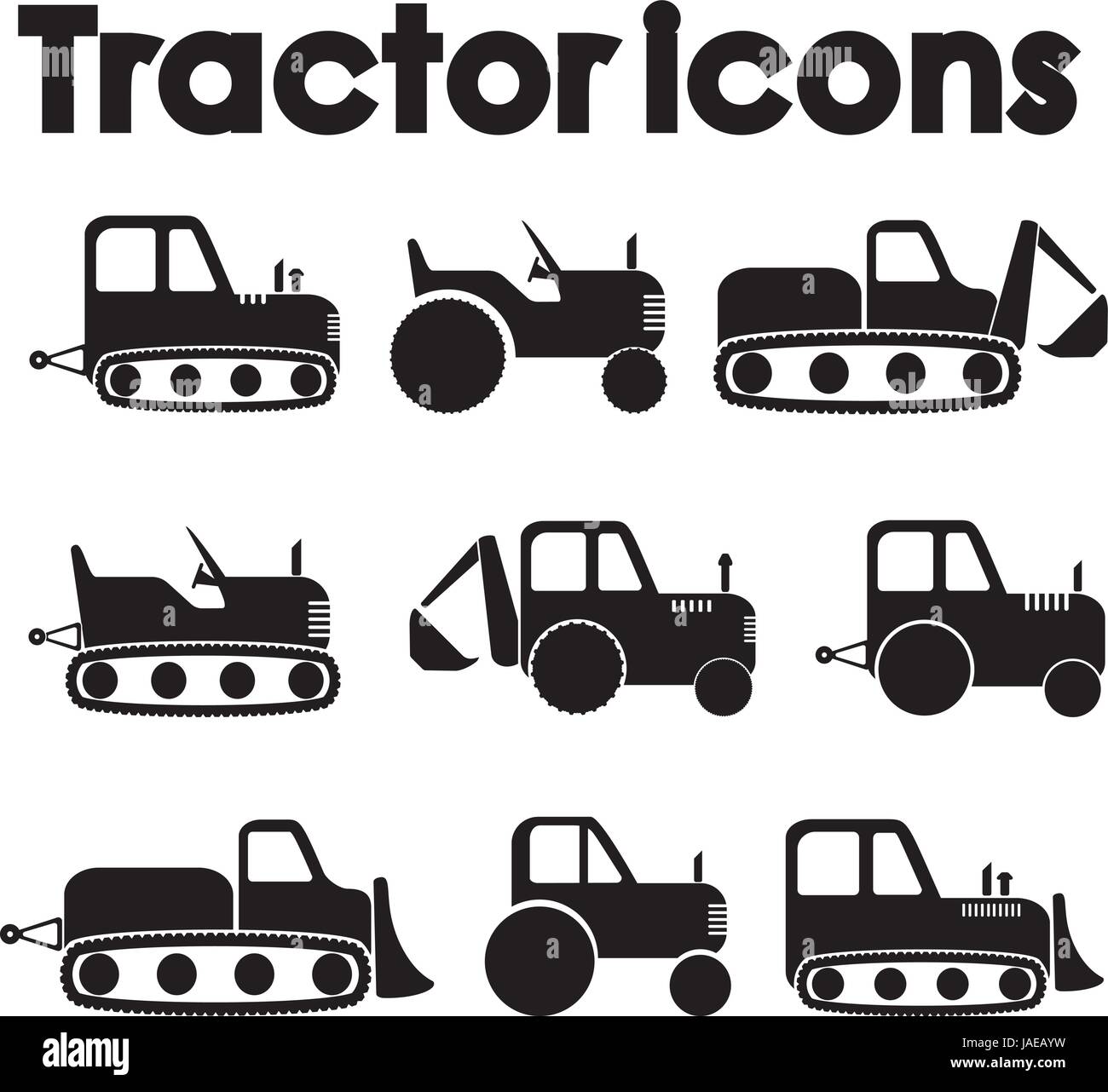 Cut Out Black Various Tractor and Construction Machinery Icon set isolated on white background. Stock Vector