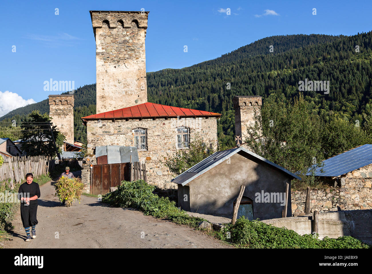 Village with medieval towers in the Caucasus Mountains, Georgia Stock Photo
