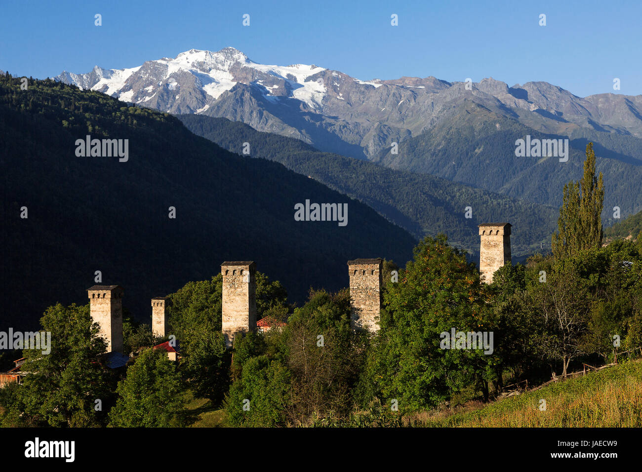 Medieval towers in the mountain village, Caucasus Mountains, Georgia. Stock Photo