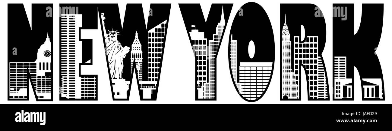 New York City Skyline Text Outline Silhouette Black and White ...