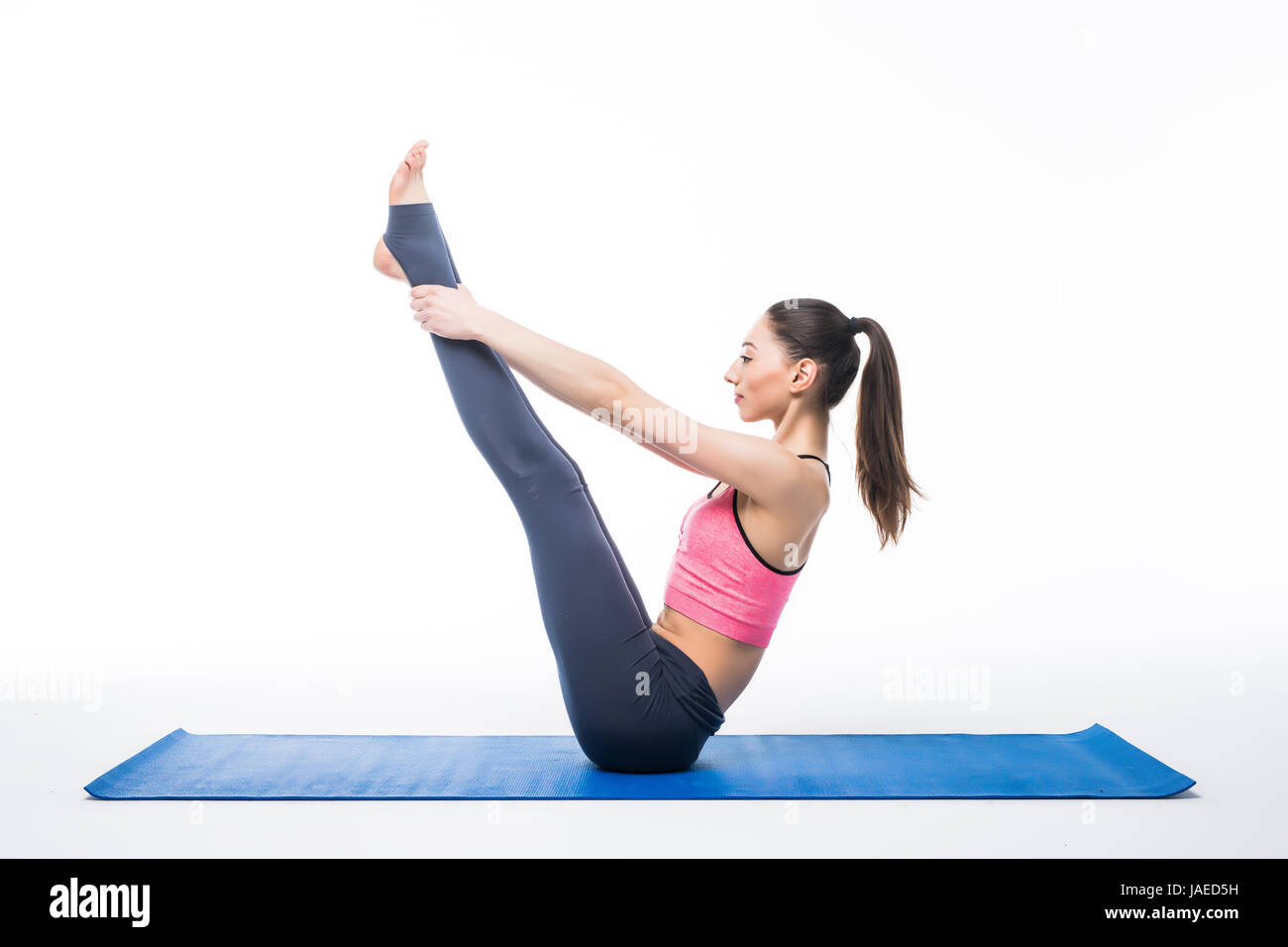 Set of yoga poses by slim woman, isolated on white Stock Photo - Alamy