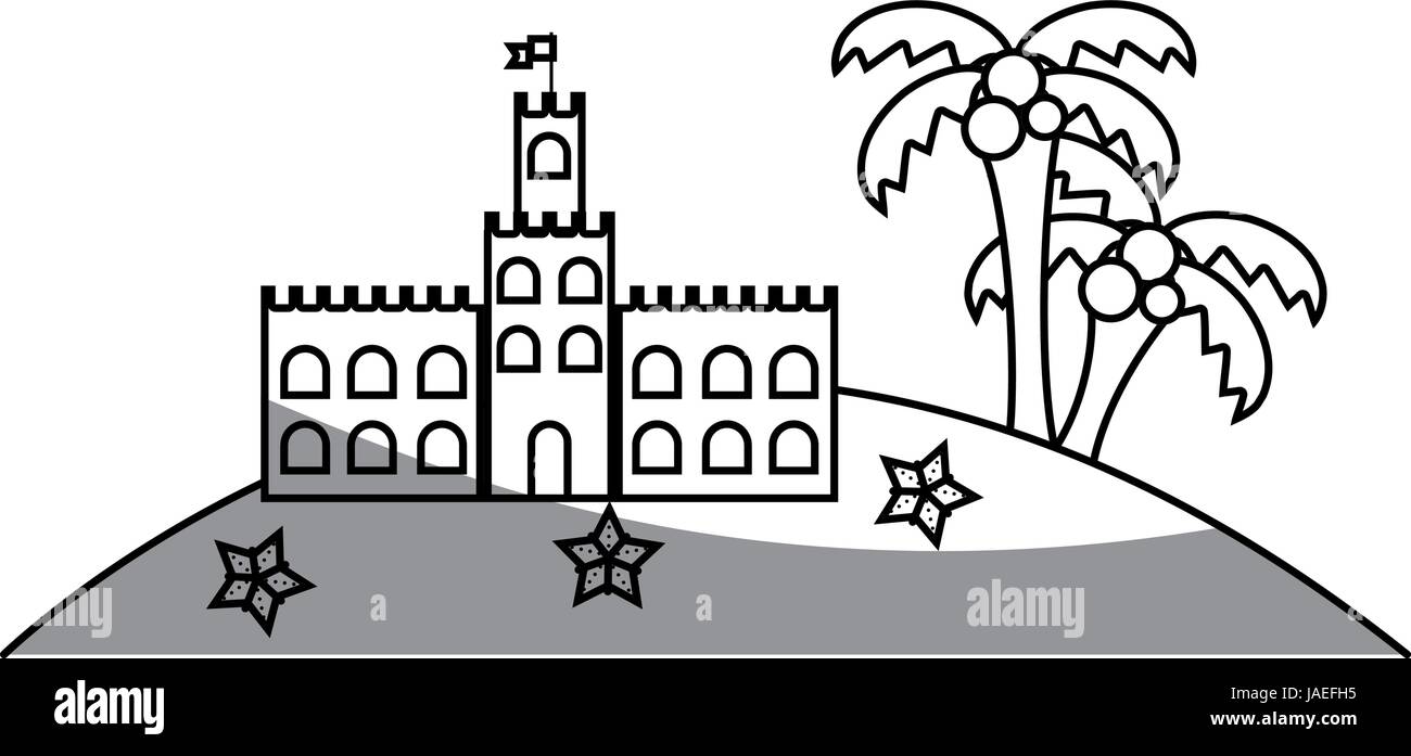 line castle of the sand near to the palms and stars in the island Stock Vector