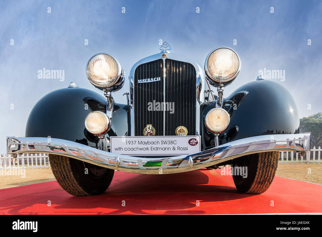 New Delhi, India - February 6, 2016: Front low angle view of beautiful vintage retro saloon Maybach SW38C (1937 model) parked at Red Fort, New Delhi.  Stock Photo