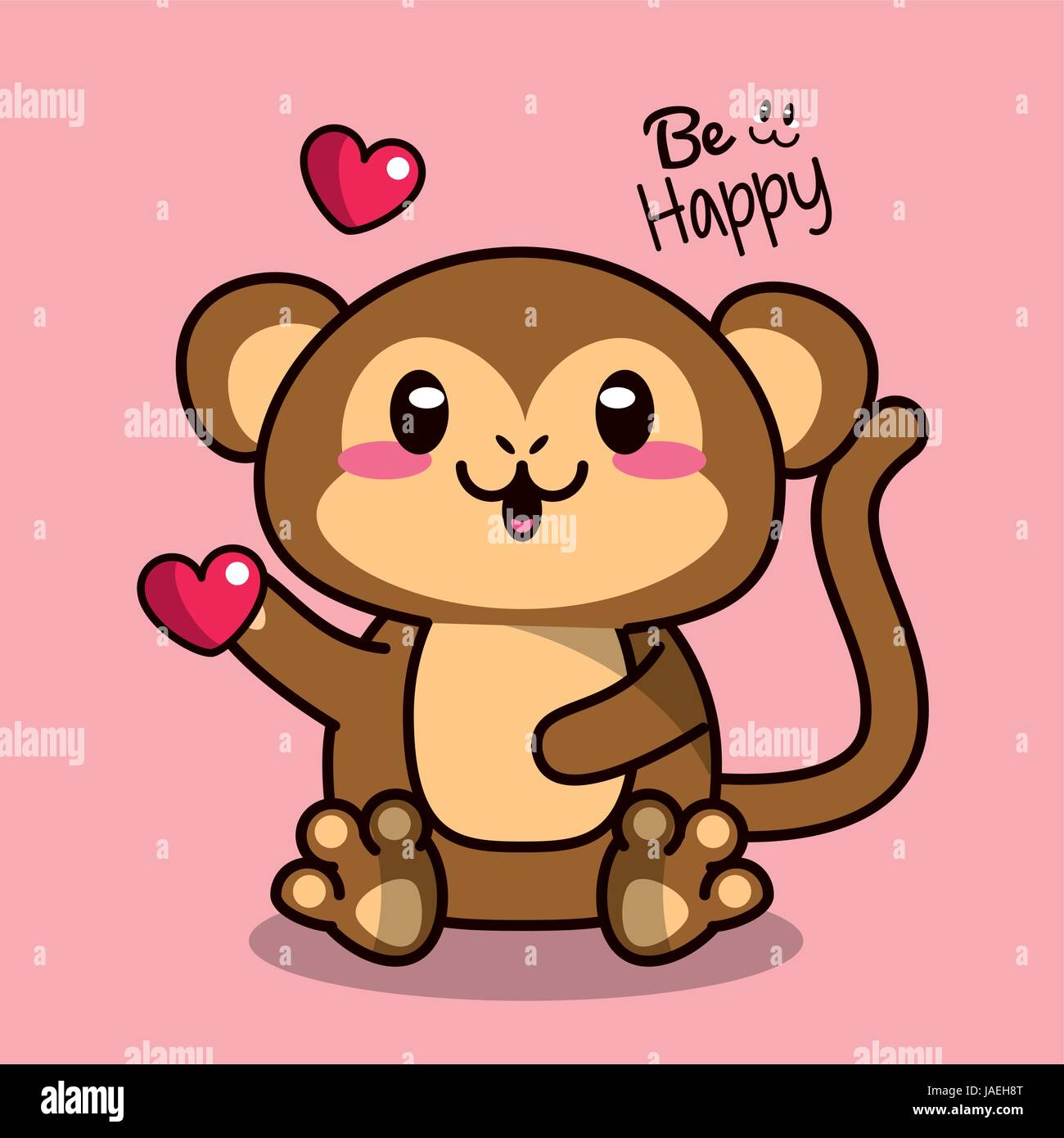 pink color background with cute kawaii animal monkey holding a heart