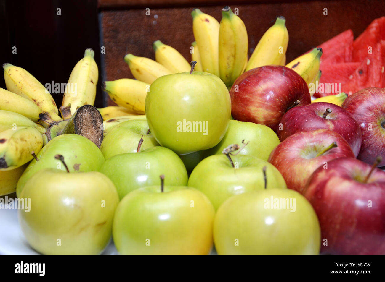 various fruits on a table for dessert Stock Photo - Alamy