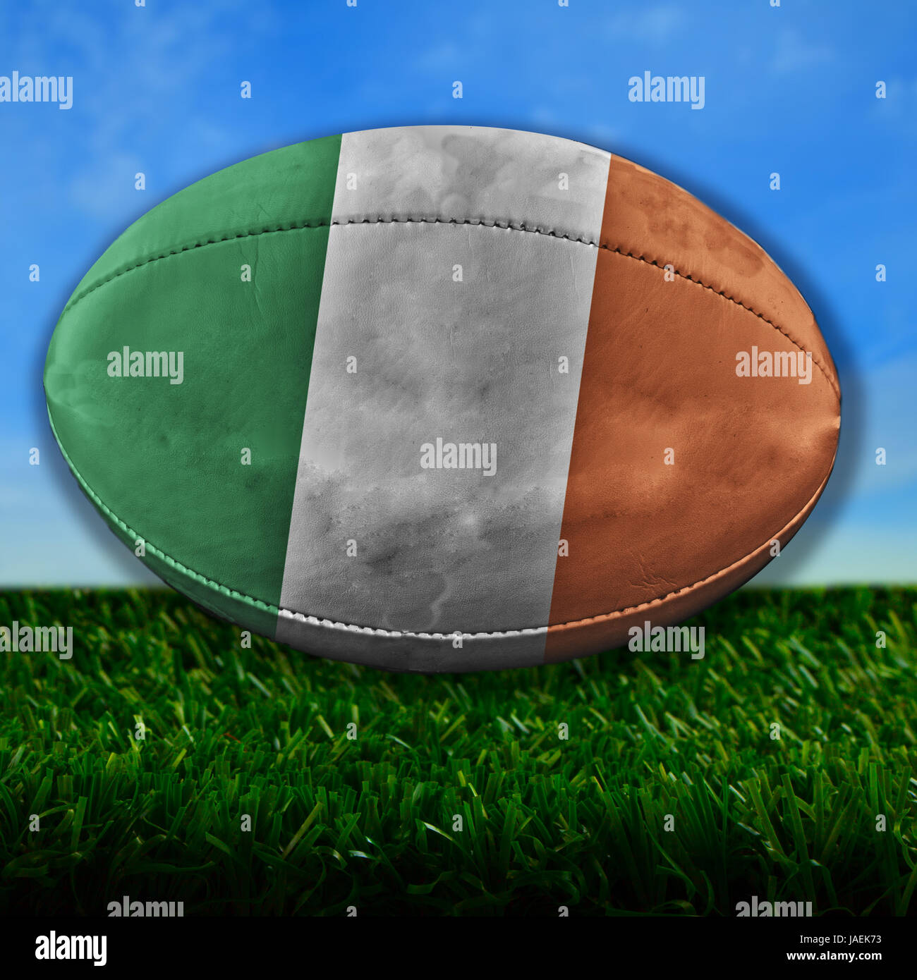 Rugby ball with Ireland flag over grass Stock Photo Alamy