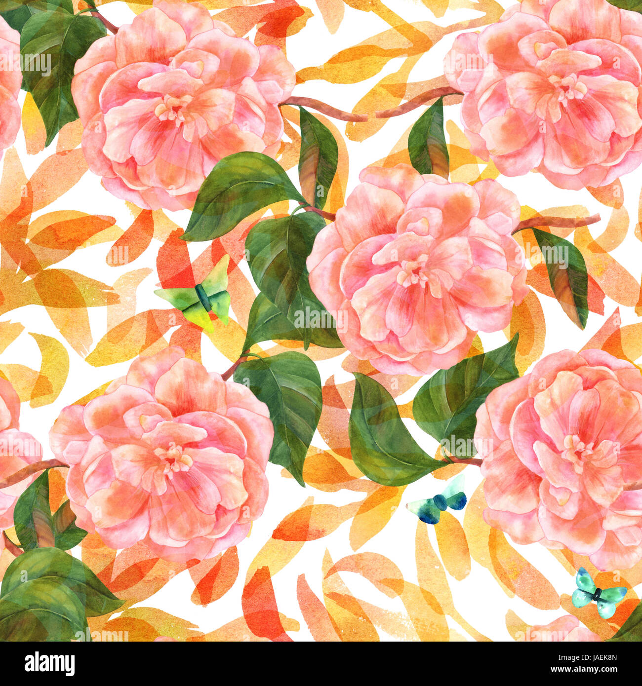 A Seamless Pattern With A Watercolor Drawing Of A Pink Camellia Stock Photo Alamy