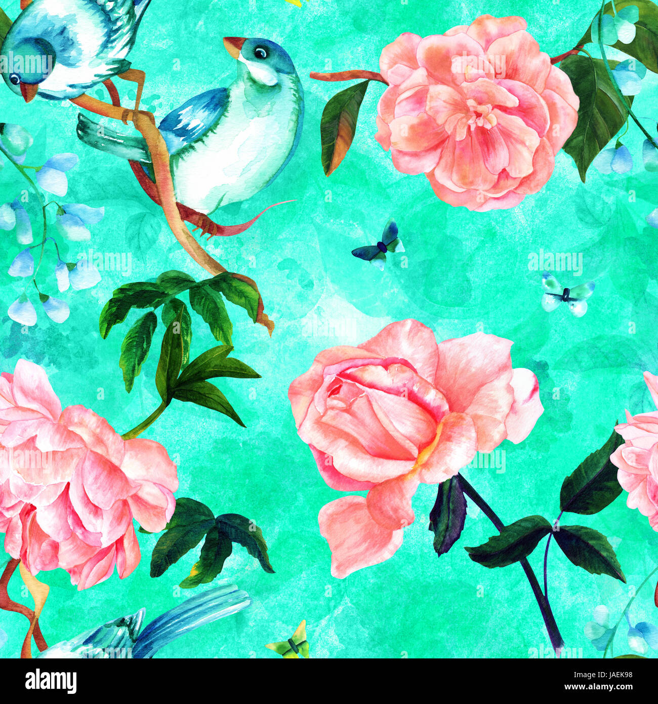 Seamless pattern with watercolor drawings of vibrant teal blue birds ...