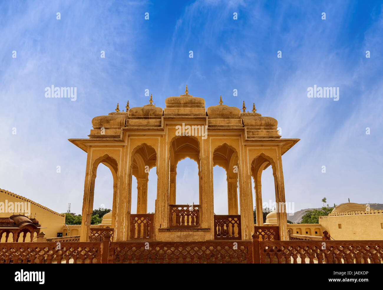 Beautiful domed canopies, fluted pillars, lotus and floral patterns of the Hawal Mahal Palace in Jaipur, also known as Palace of Winds or Palace of th Stock Photo