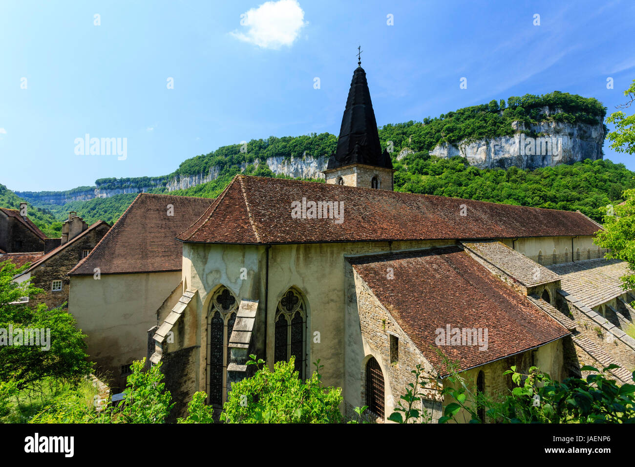 France, Jura, Baume les Messieurs, labelled Les Plus Beaux Villages de France (The Most beautiful Villages of France), abbey church Stock Photo