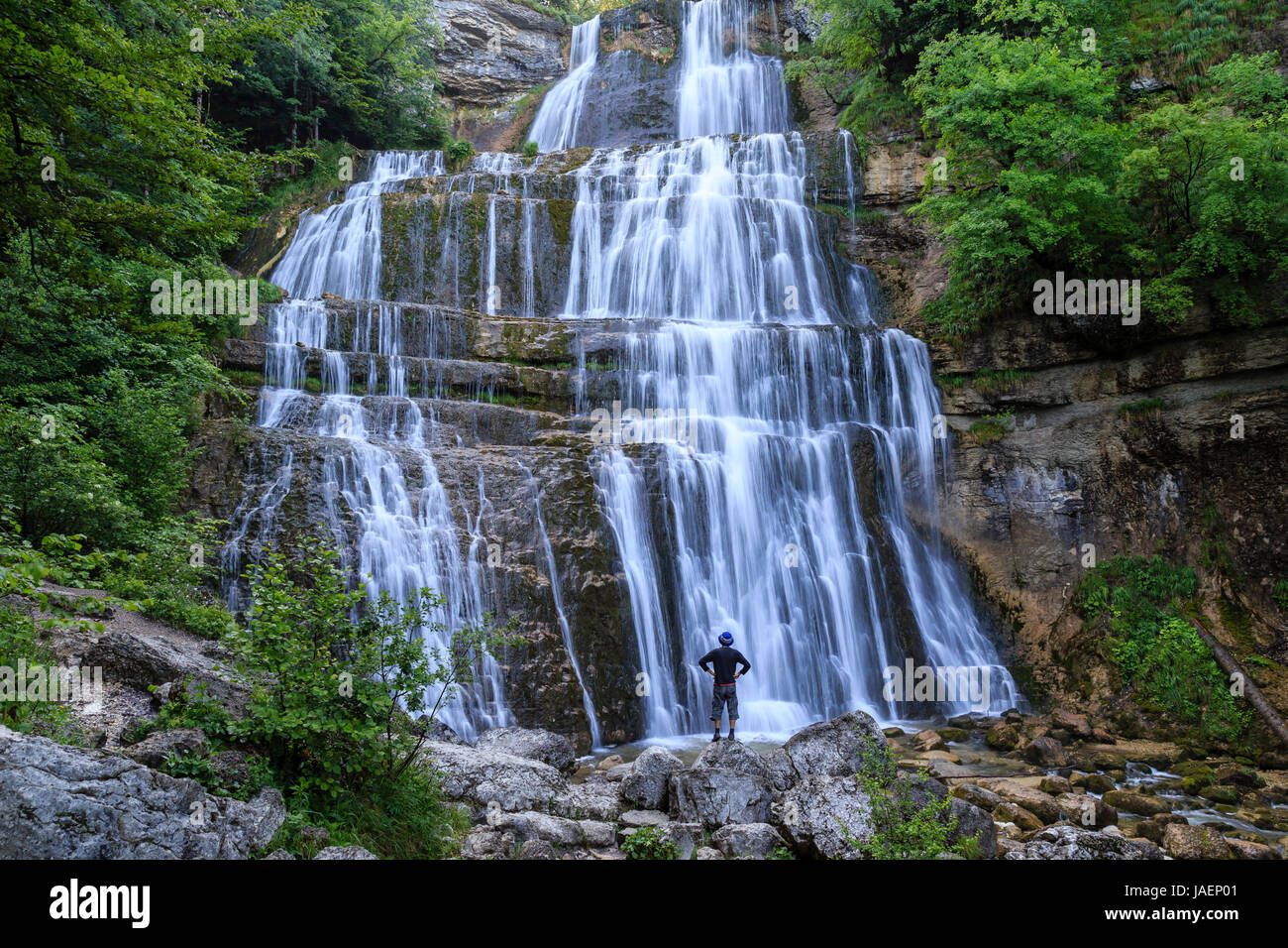France, Jura, Menetrux en Joux, Herisson waterfalls, Eventaille fall Stock Photo
