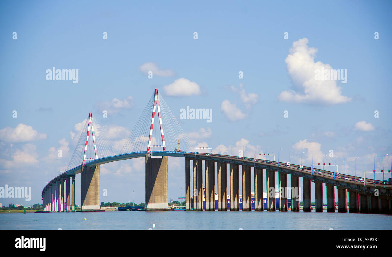 Photography of Saint Nazaire suspended bridge over La Loire river estuary, France Stock Photo