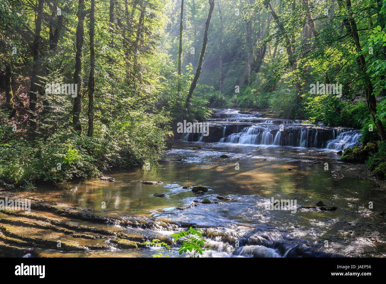 France, Jura, Menetrux en Joux, Herisson waterfalls, Chateau Garnier fall far Stock Photo