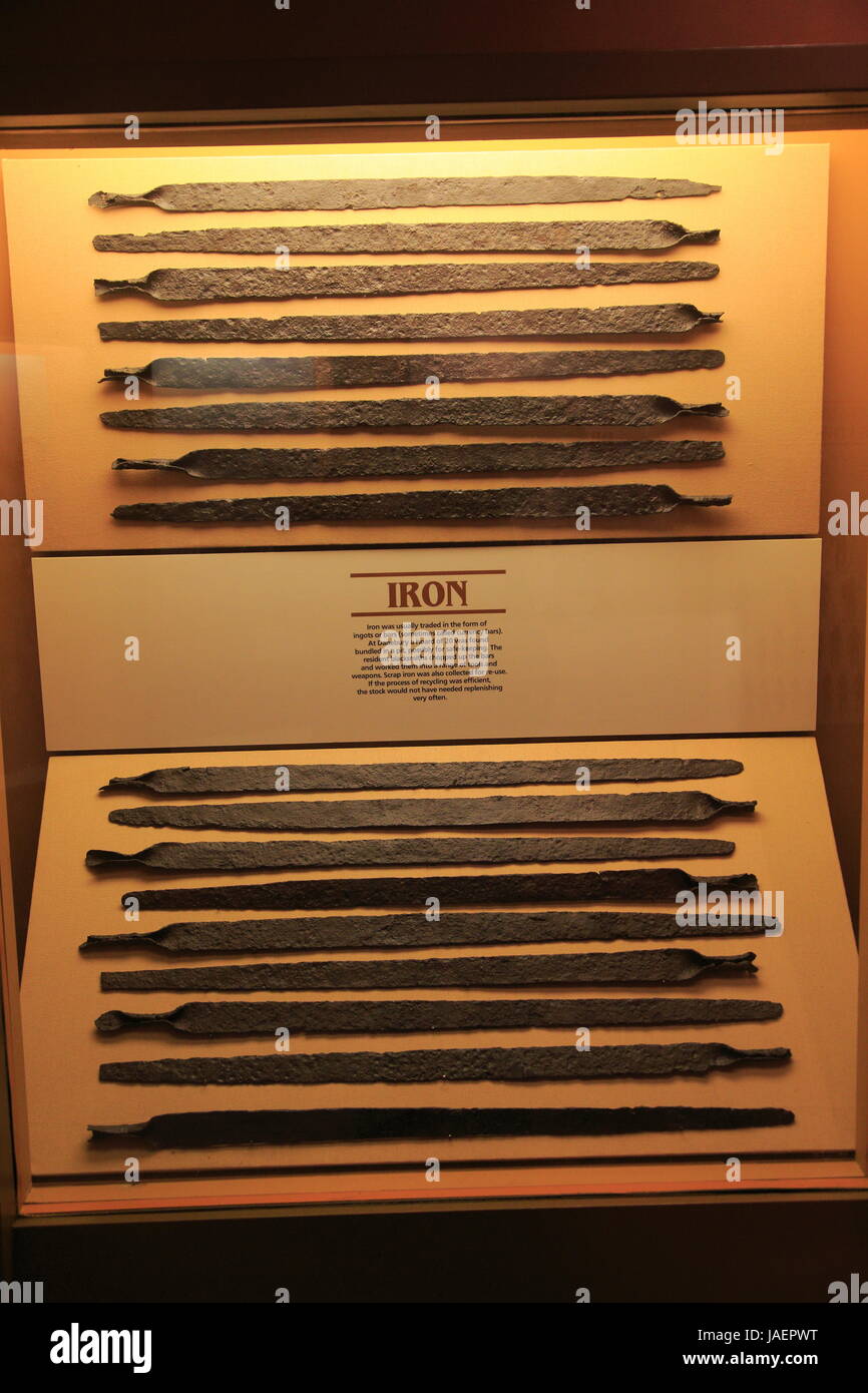 Lengths of iron called currency bars in Iron Age museum, Andover, Hampshire, England, UK Stock